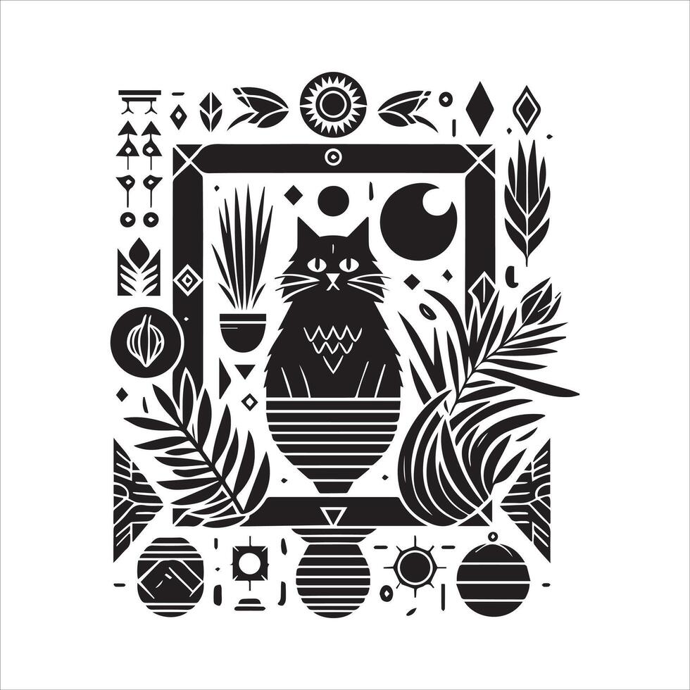 Print A silhouette black cat in an illustration frame with a floral design on its back silhouette design vector