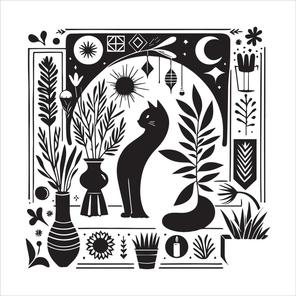Print A silhouette black cat in an illustration frame with a floral design on its back silhouette design vector