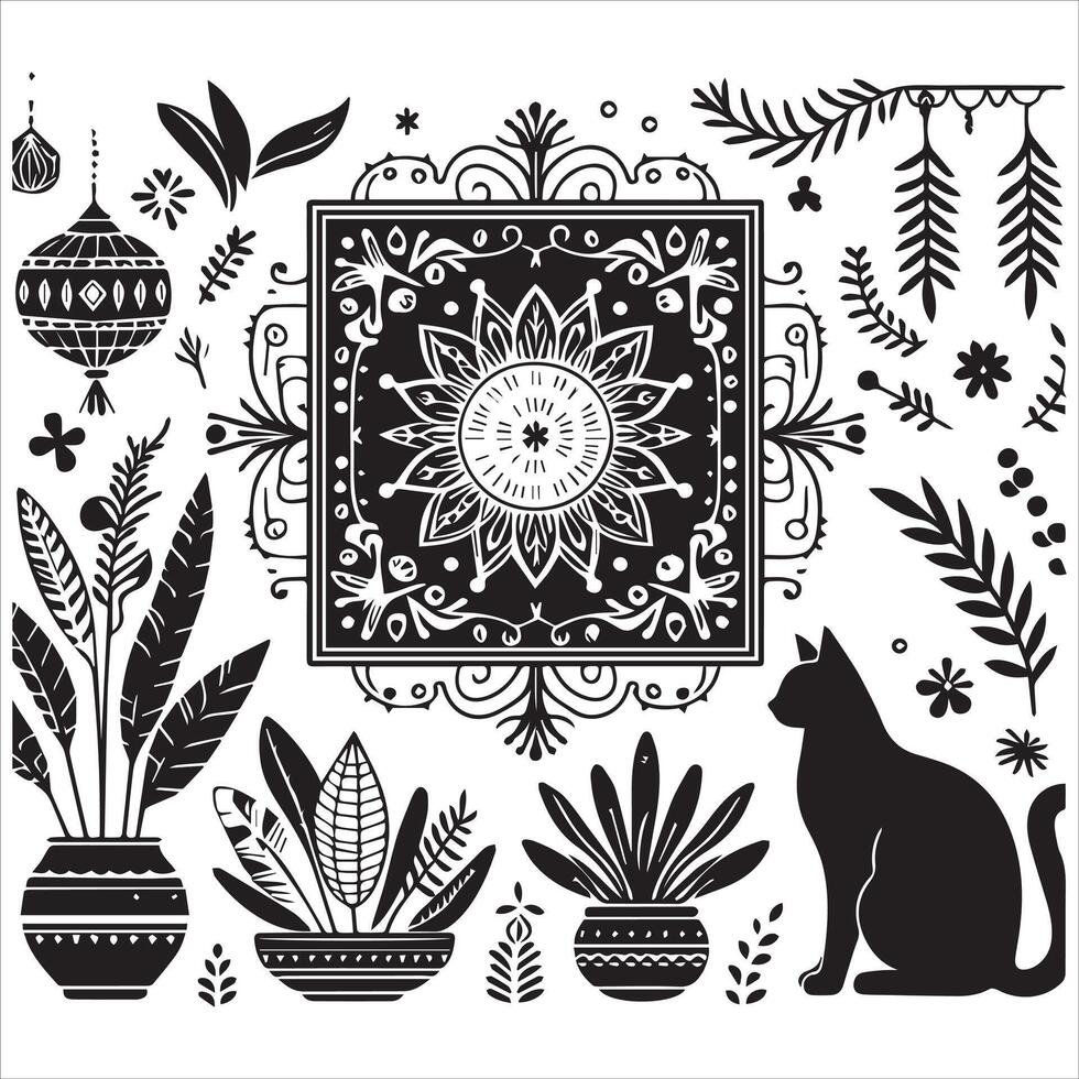Print A silhouette black cat in an illustration frame with a floral design on its back silhouette design vector