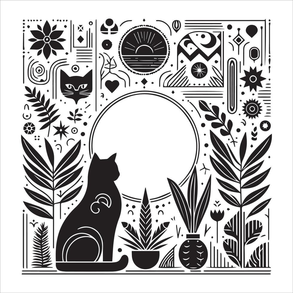 Print A silhouette black cat in an illustration frame with a floral design on its back silhouette design vector