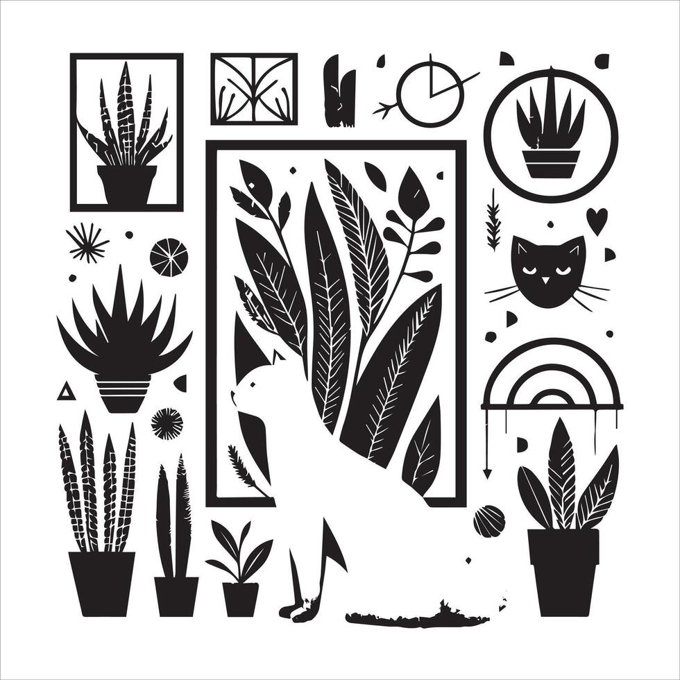 Print A silhouette black cat in an illustration frame with a floral design on its back silhouette design vector