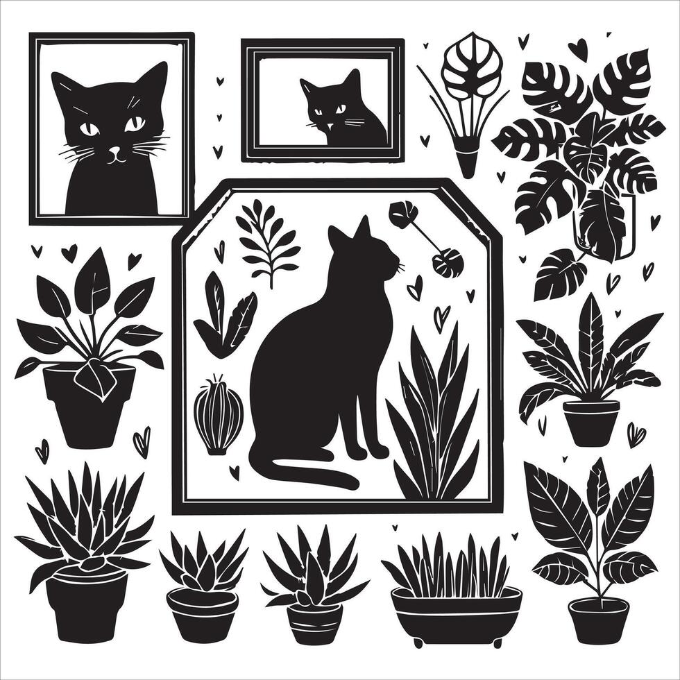 Print A silhouette black cat in an illustration frame with a floral design on its back silhouette design vector