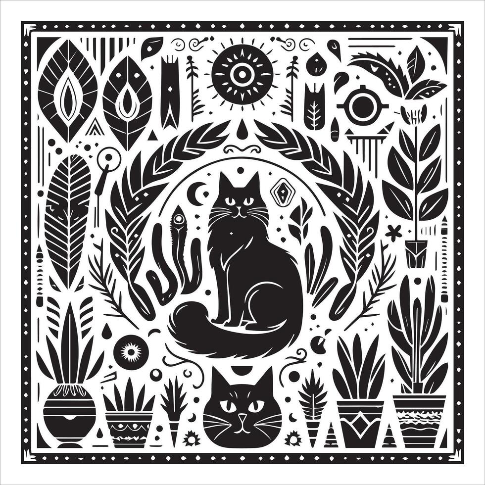 A silhouette black cat in an illustration frame with a floral design on its back silhouette design Print vector