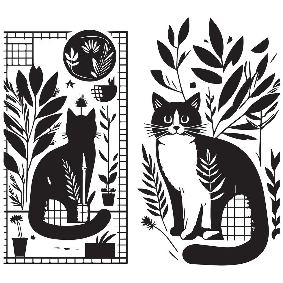 Print A silhouette black cat in an illustration frame with a floral design on its back silhouette design vector