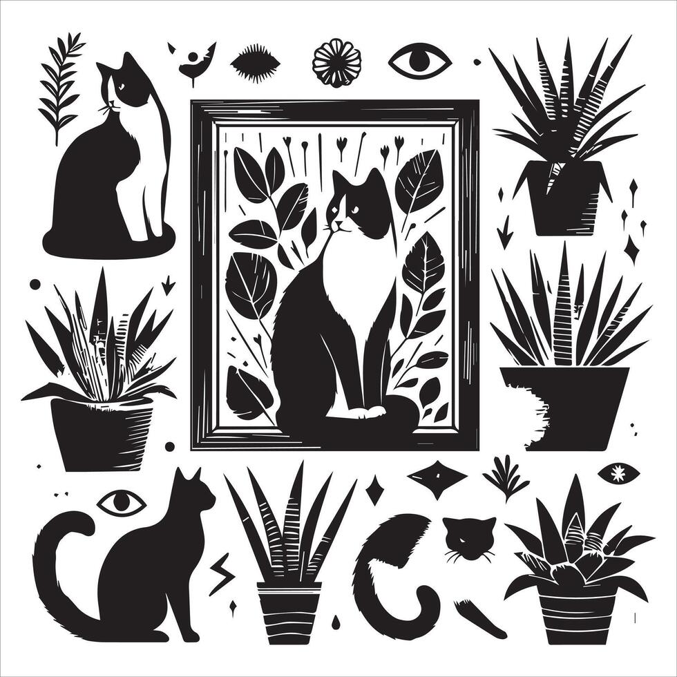 Print A silhouette black cat in an illustration frame with a floral design on its back silhouette design vector