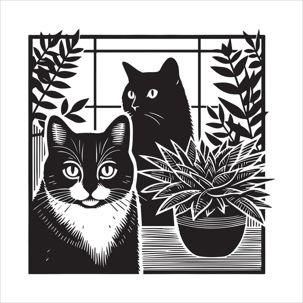 Print A silhouette black cat in an illustration frame with a floral design on its back silhouette design vector