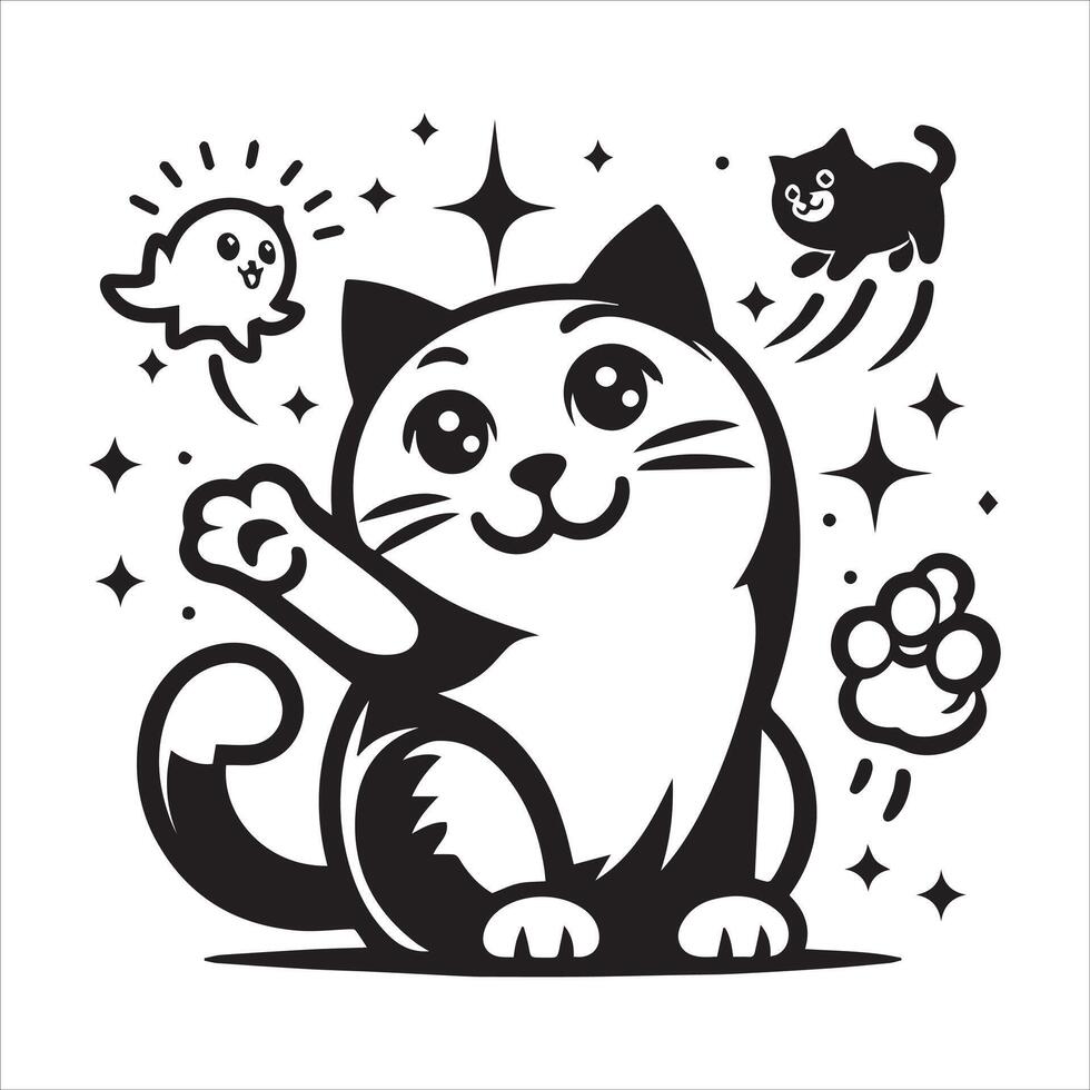 A silhouette black cat in an illustration frame with a floral design on its back silhouette design Print vector