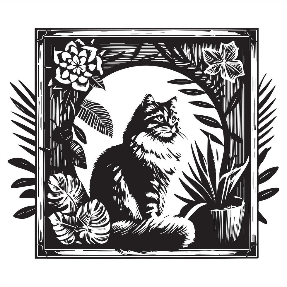 A silhouette black cat in an illustration frame with a floral design on its back silhouette design Print vector