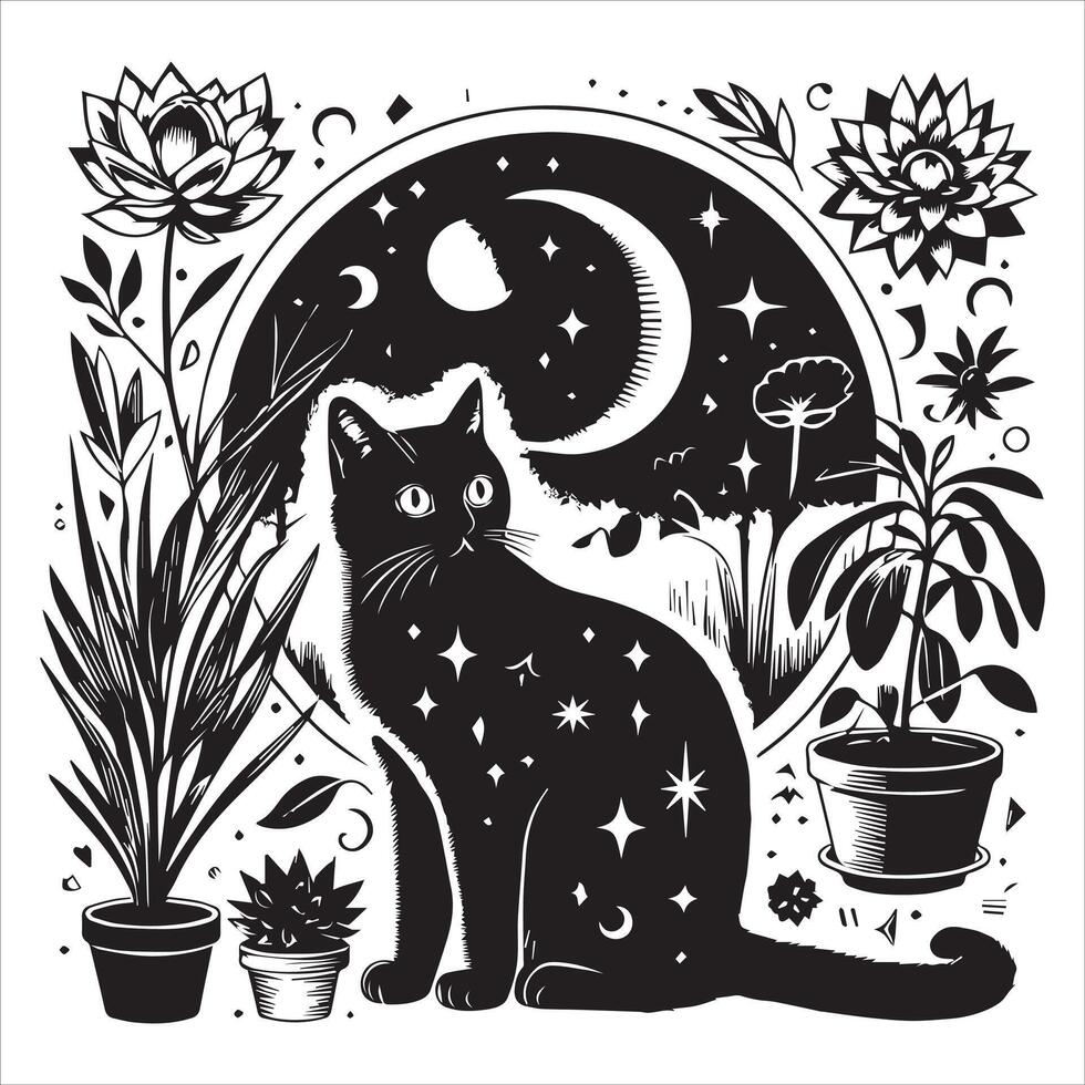 A silhouette black cat in an illustration frame with a floral design on its back silhouette design Print vector