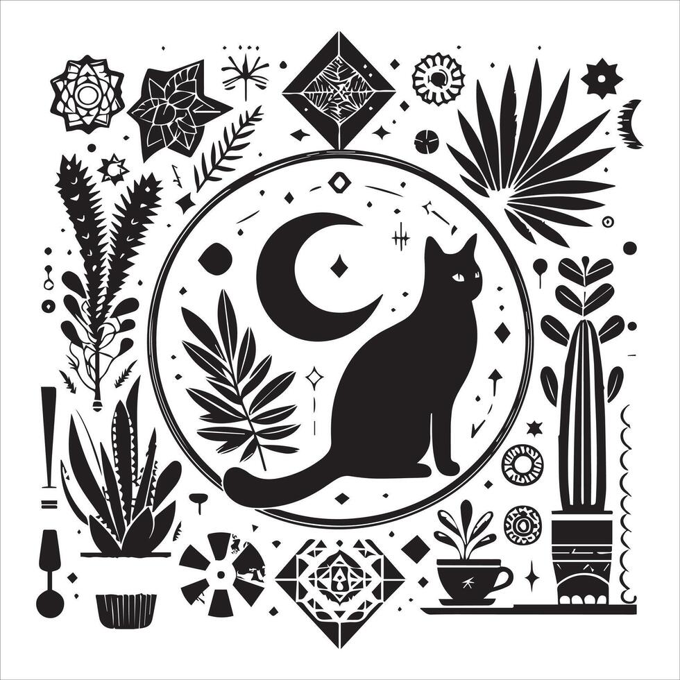 A silhouette black cat in an illustration frame with a floral design on its back silhouette design Print vector