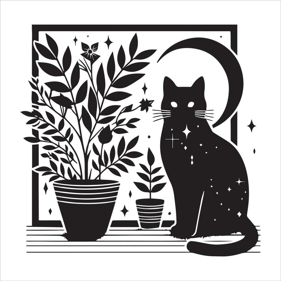 A silhouette black cat in an illustration frame with a floral design on its back silhouette design Print vector
