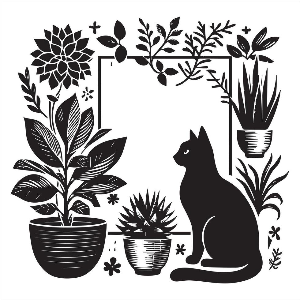 A silhouette black cat in an illustration frame with a floral design on its back silhouette design Print vector