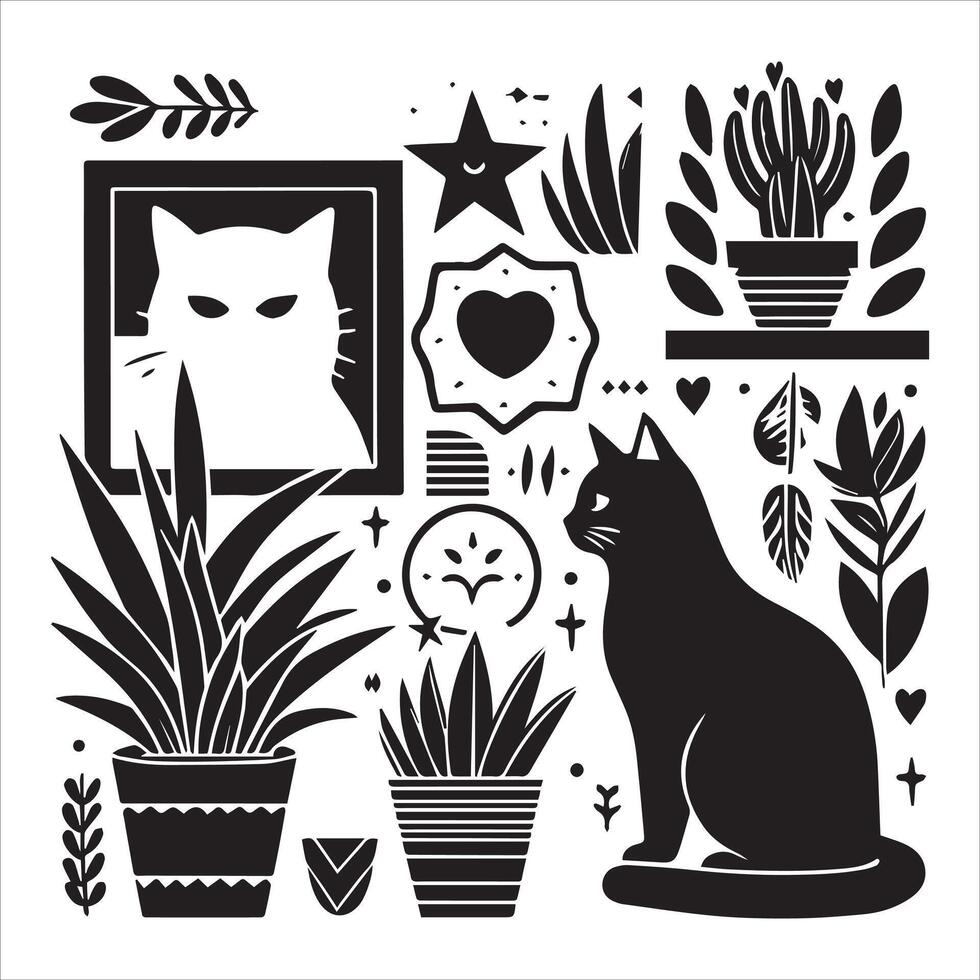 A silhouette black cat in an illustration frame with a floral design on its back silhouette design Print vector