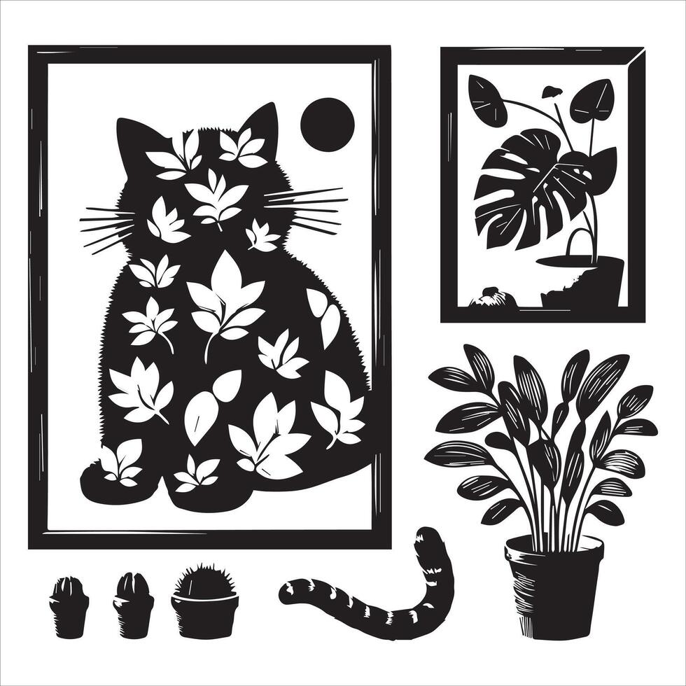 A silhouette black cat in an illustration frame with a floral design on its back silhouette design Print vector