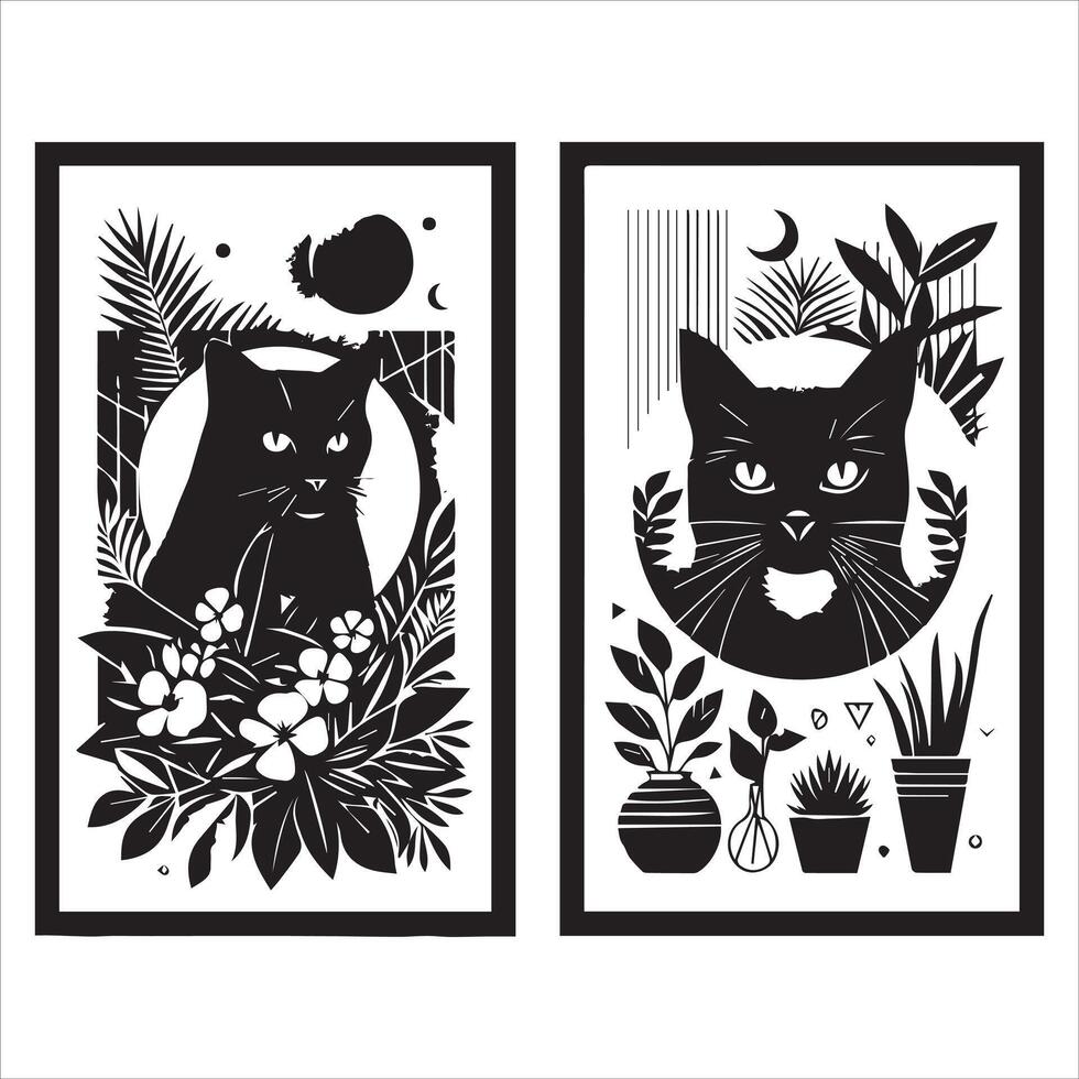 A silhouette black cat in an illustration frame with a floral design on its back silhouette design Print vector