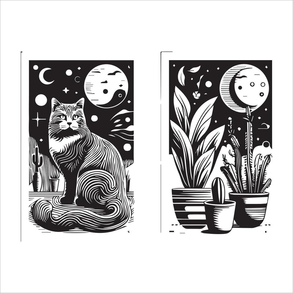 A silhouette black cat in an illustration frame with a floral design on its back silhouette design Print vector