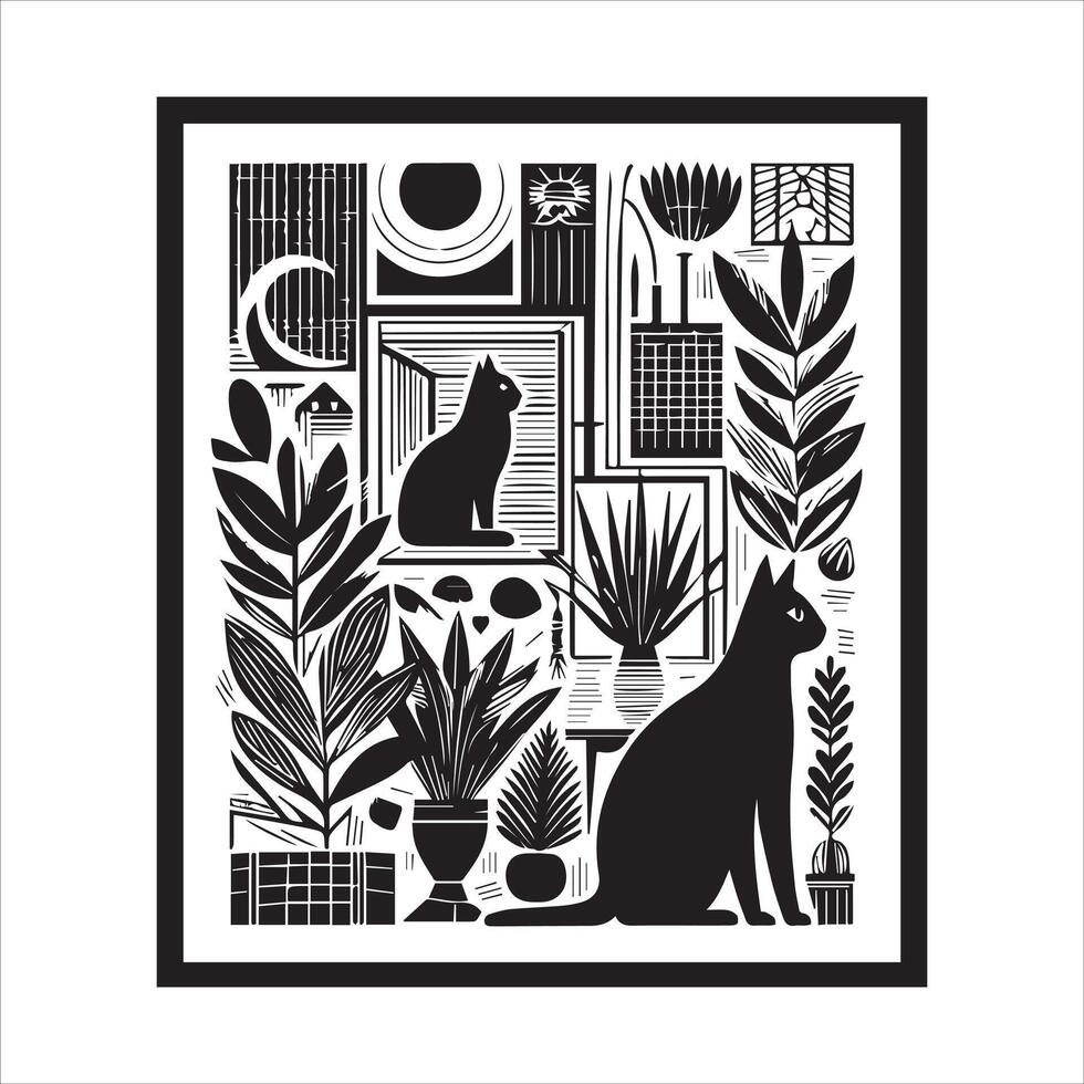 A silhouette black cat in an illustration frame with a floral design on its back silhouette design Print vector