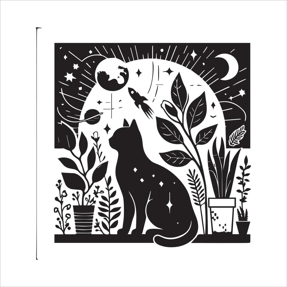 A silhouette black cat in an illustration frame with a floral design on its back silhouette design Print vector
