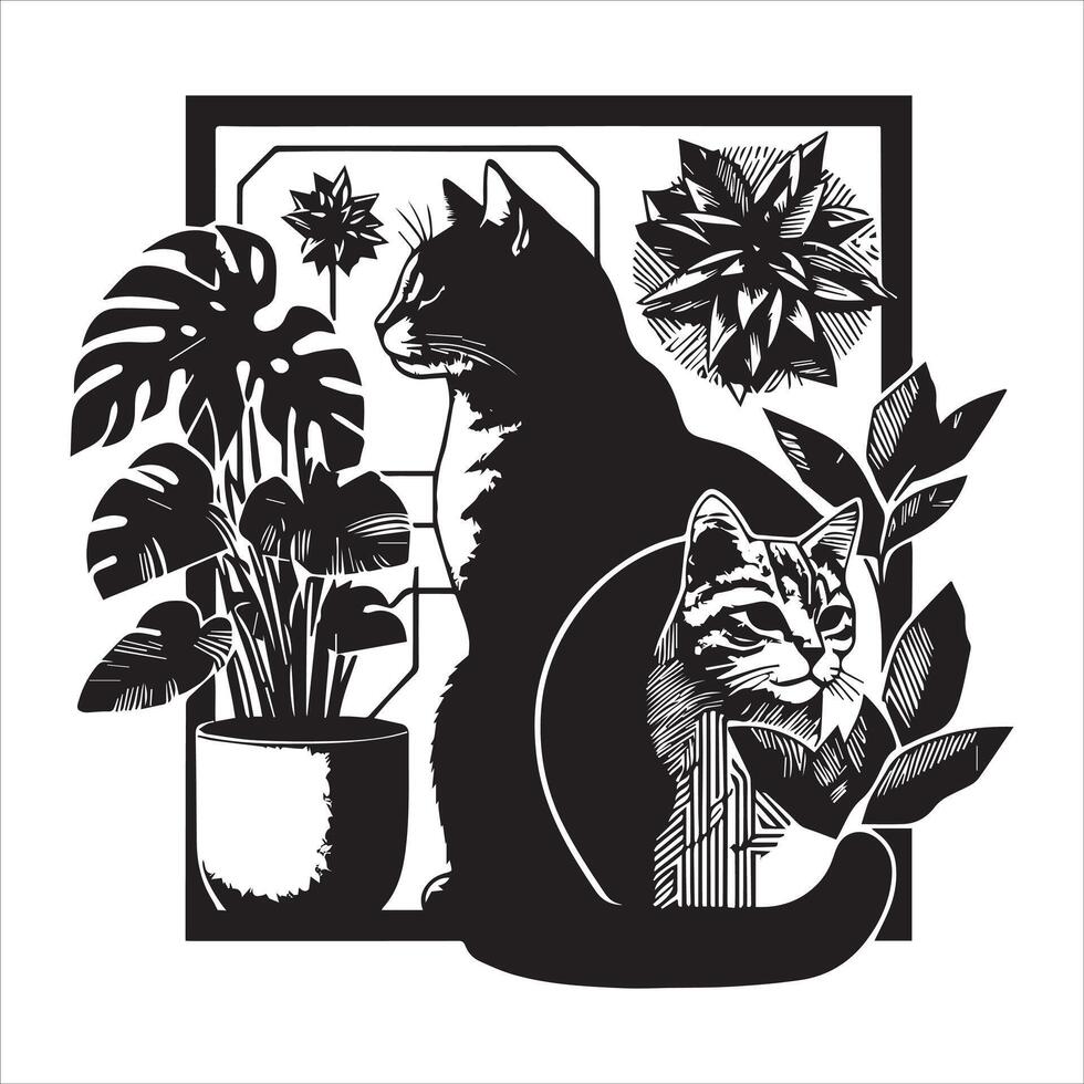 A silhouette black cat in an illustration frame with a floral design on its back silhouette design Print vector