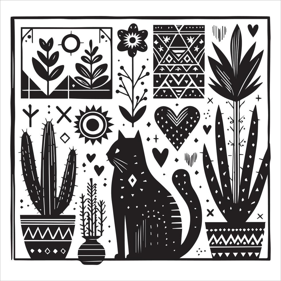 A silhouette black cat in an illustration frame with a floral design on its back silhouette design Print vector