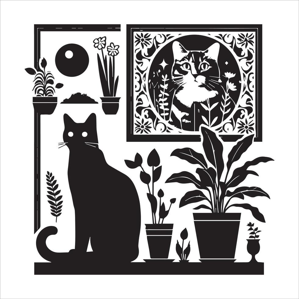 A silhouette black cat in an illustration frame with a floral design on its back silhouette design Print vector