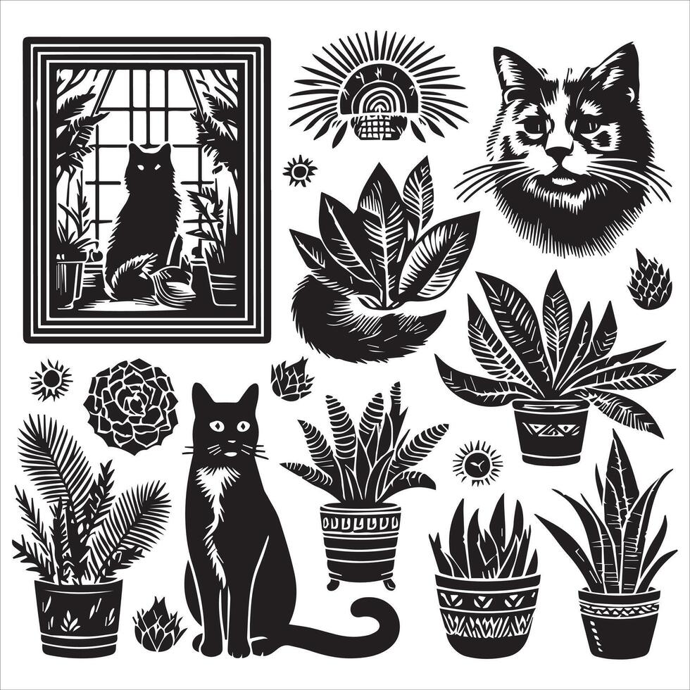 A silhouette black cat in an illustration frame with a floral design on its back silhouette design Print vector