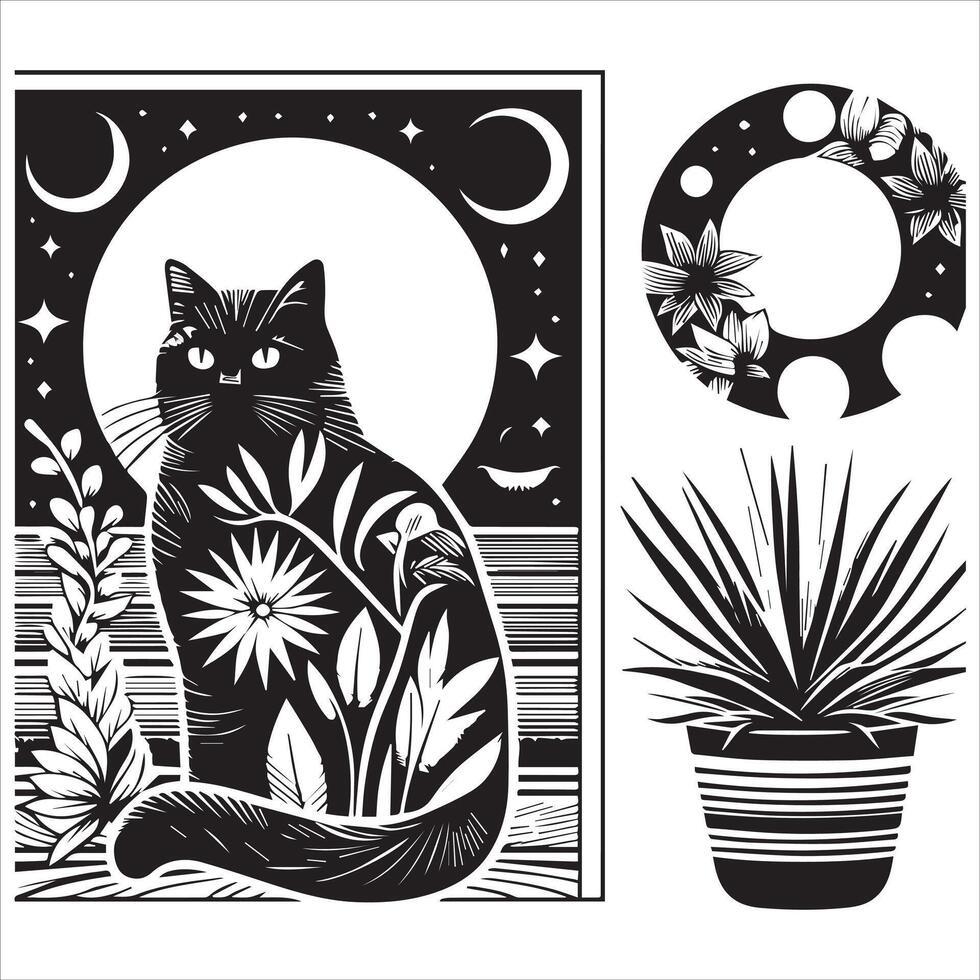 A silhouette black cat in an illustration frame with a floral design on its back silhouette design Print vector