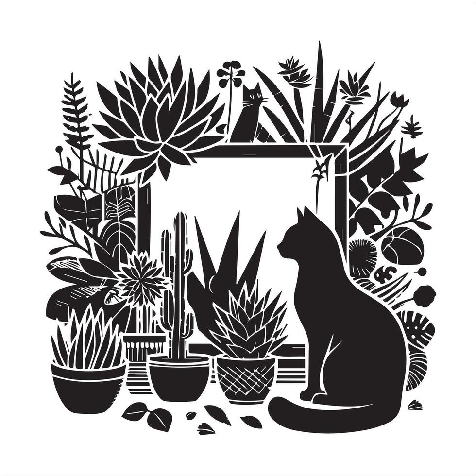 A silhouette black cat in an illustration frame with a floral design on its back silhouette design Print vector