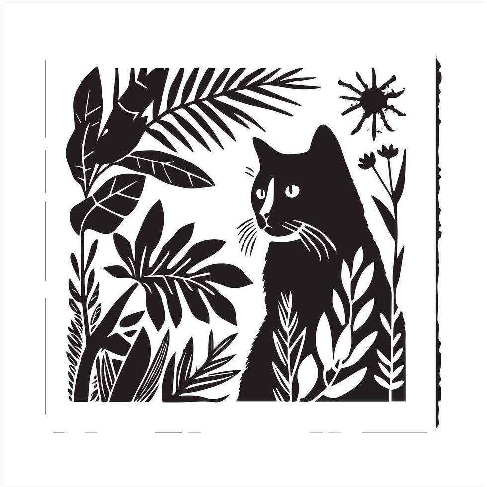 A silhouette black cat in an illustration frame with a floral design on its back silhouette design Print vector