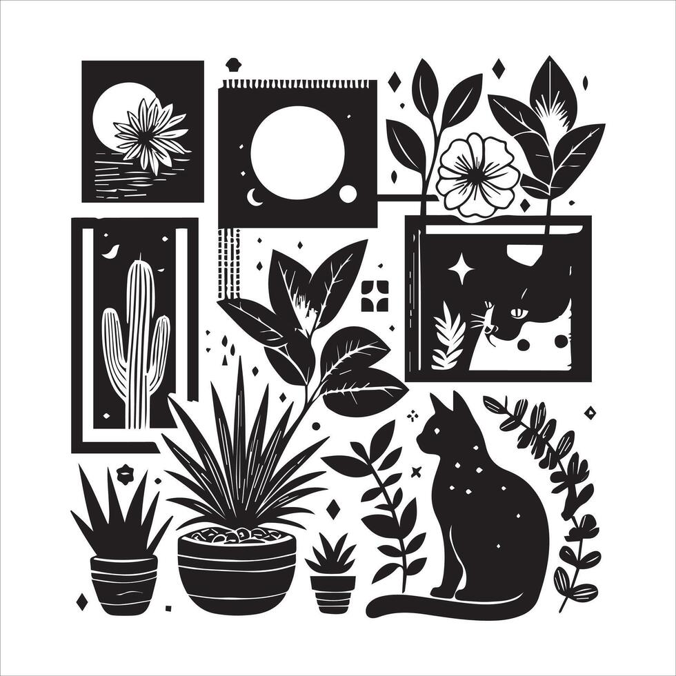 A silhouette black cat in an illustration frame with a floral design on its back silhouette design Print vector
