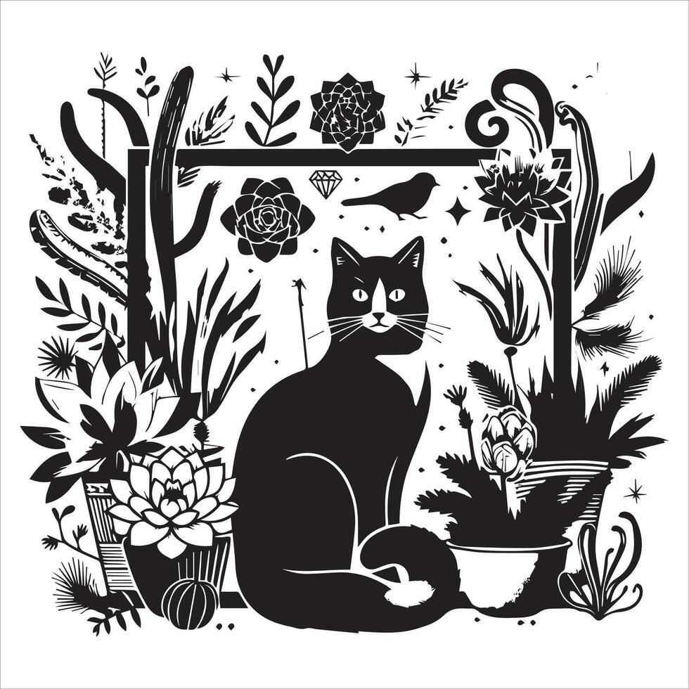 A silhouette black cat in an illustration frame with a floral design on its back silhouette design Print vector