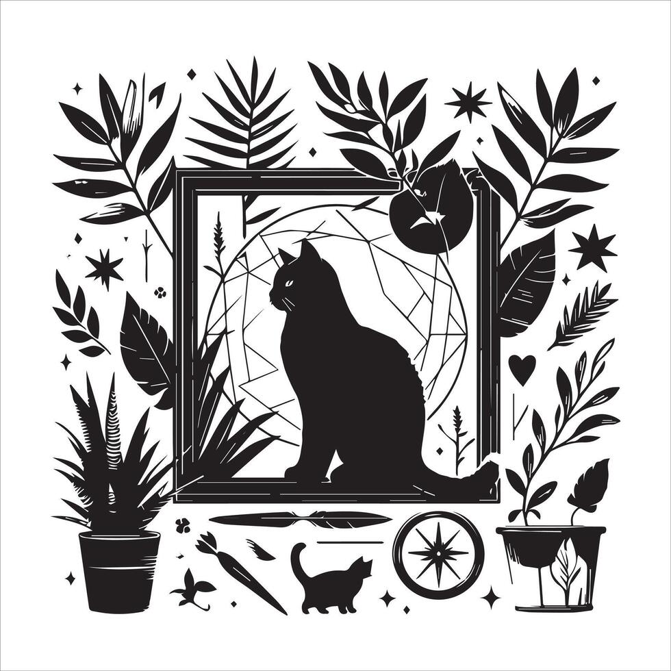 A silhouette black cat in an illustration frame with a floral design on its back silhouette design Print vector