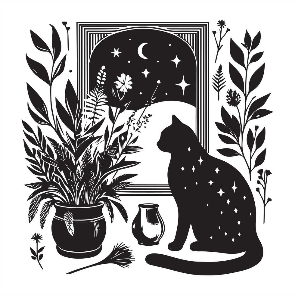 A silhouette black cat in an illustration frame with a floral design on its back silhouette design Print vector