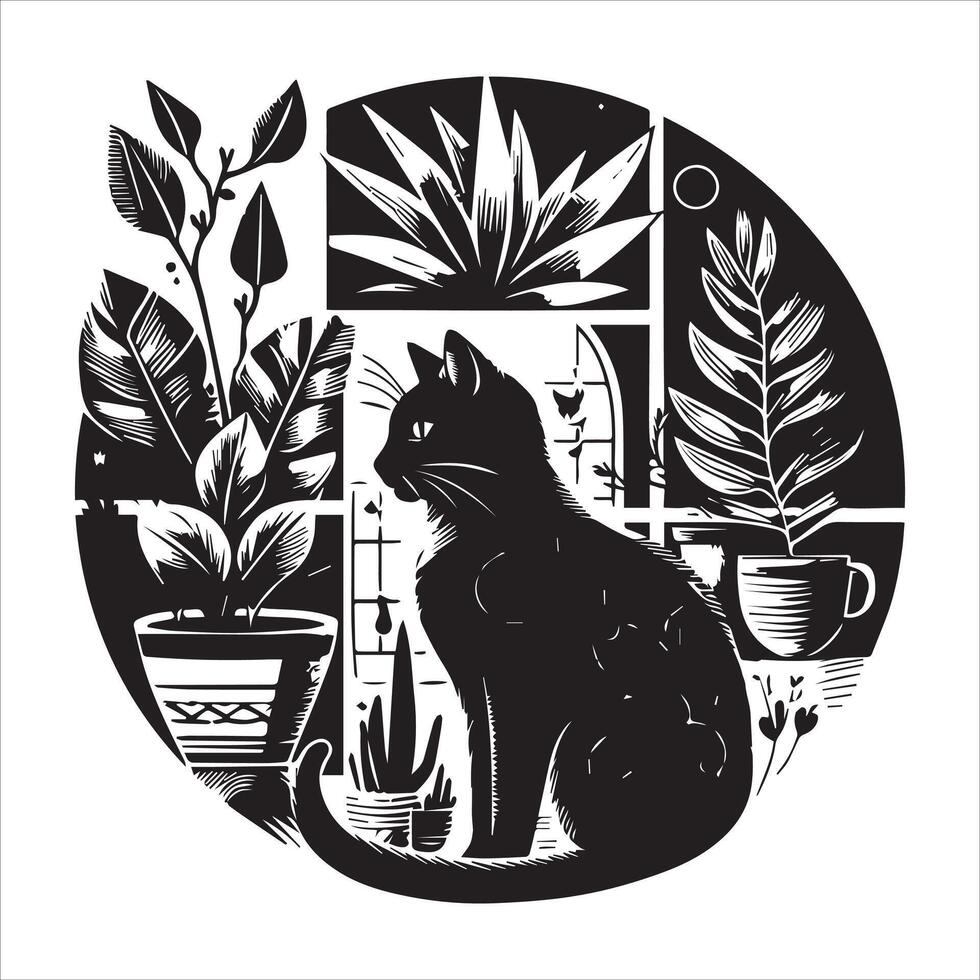 A silhouette black cat in an illustration frame with a floral design on its back silhouette design Print vector