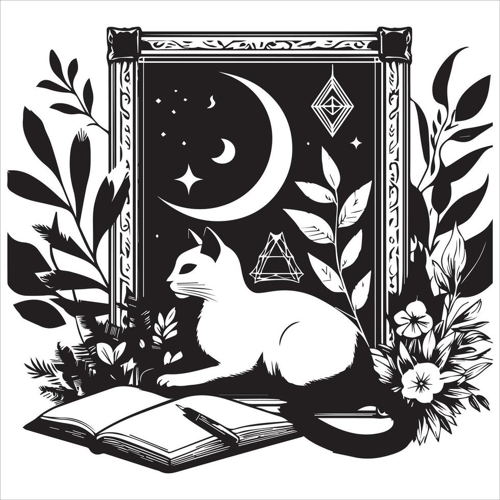 A silhouette black cat in an illustration frame with a floral design on its back silhouette design Print vector