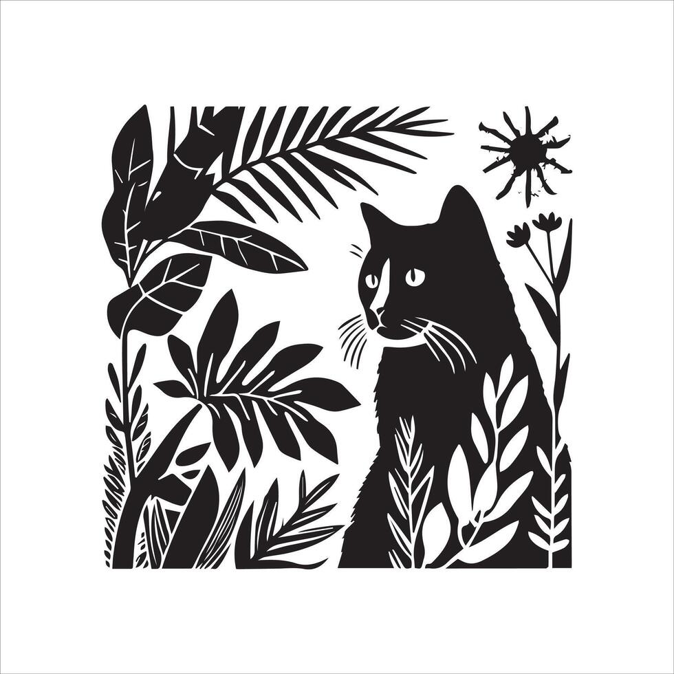 A silhouette black cat in an illustration frame with a floral design on its back silhouette design Print vector