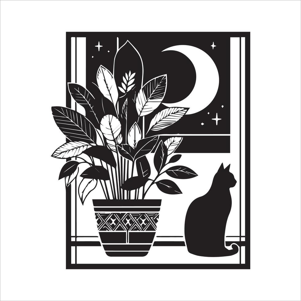 A silhouette black cat in an illustration frame with a floral design on its back silhouette design Print vector