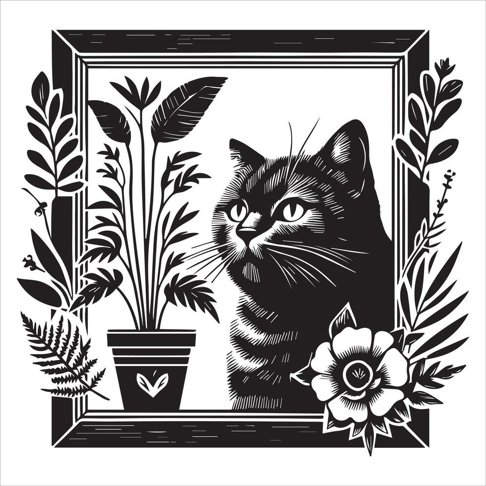 A silhouette black cat in an illustration frame with a floral design on its back silhouette design Print vector