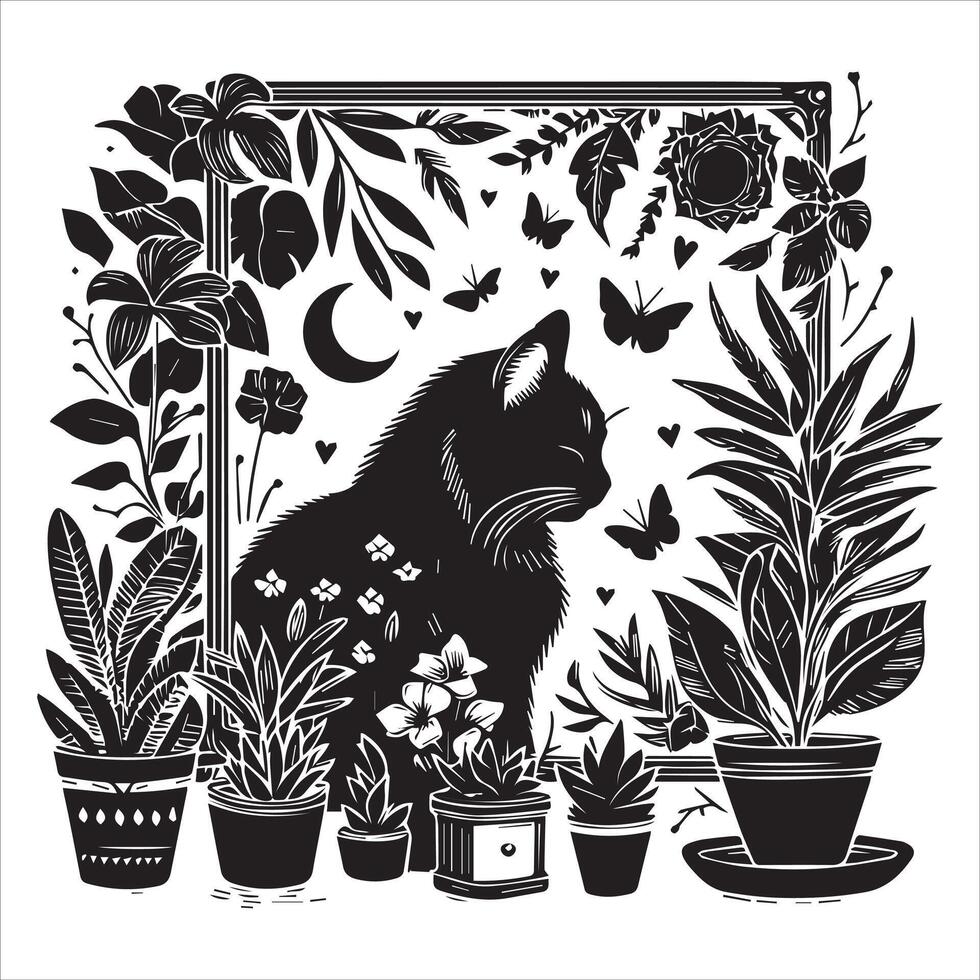 A silhouette black cat in an illustration frame with a floral design on its back silhouette design Print vector
