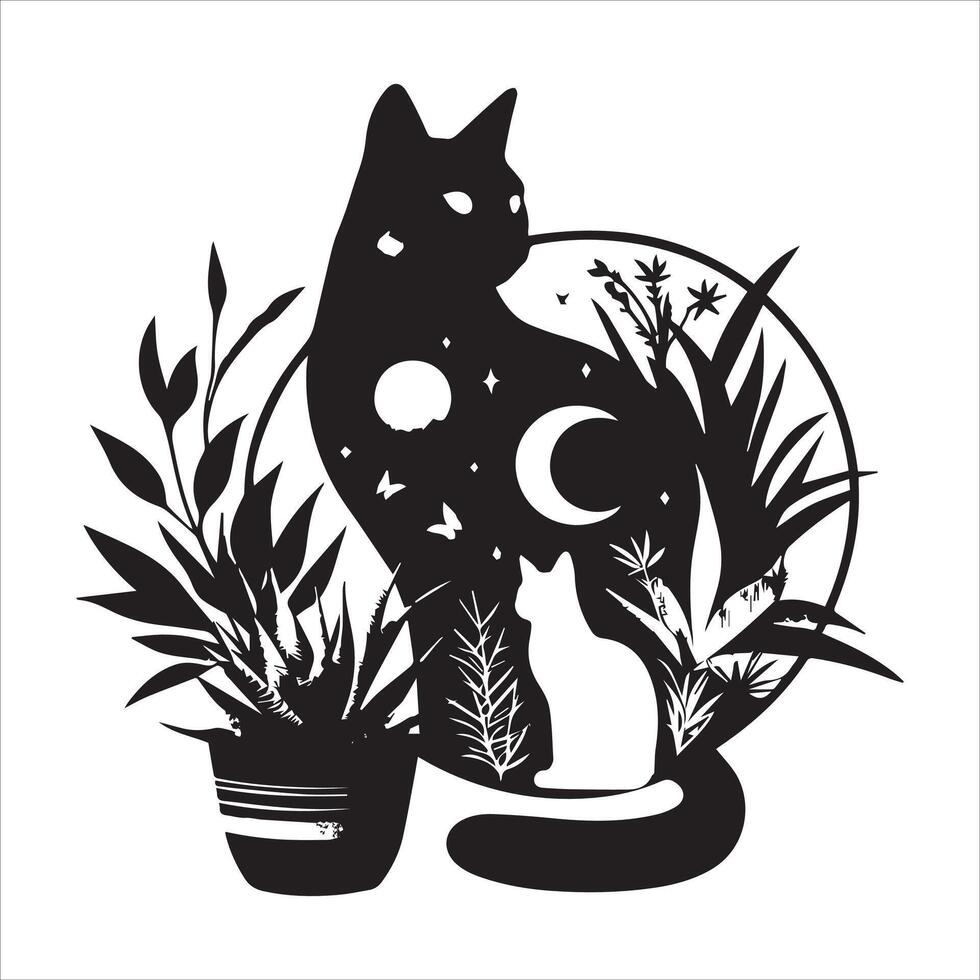 A silhouette black cat in an illustration frame with a floral design on its back silhouette design Print vector
