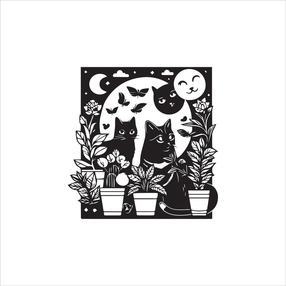 A silhouette black cat in an illustration frame with a floral design on its back silhouette design Print vector