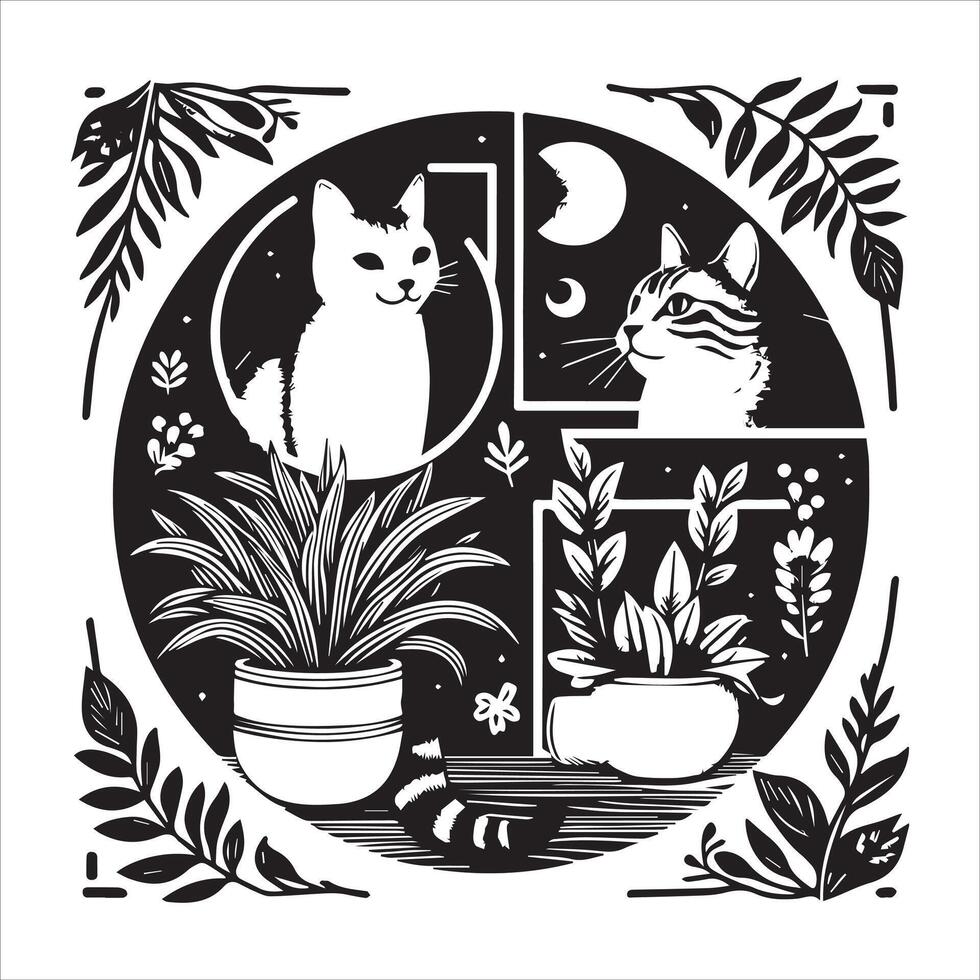 A silhouette black cat in an illustration frame with a floral design on its back silhouette design Print vector