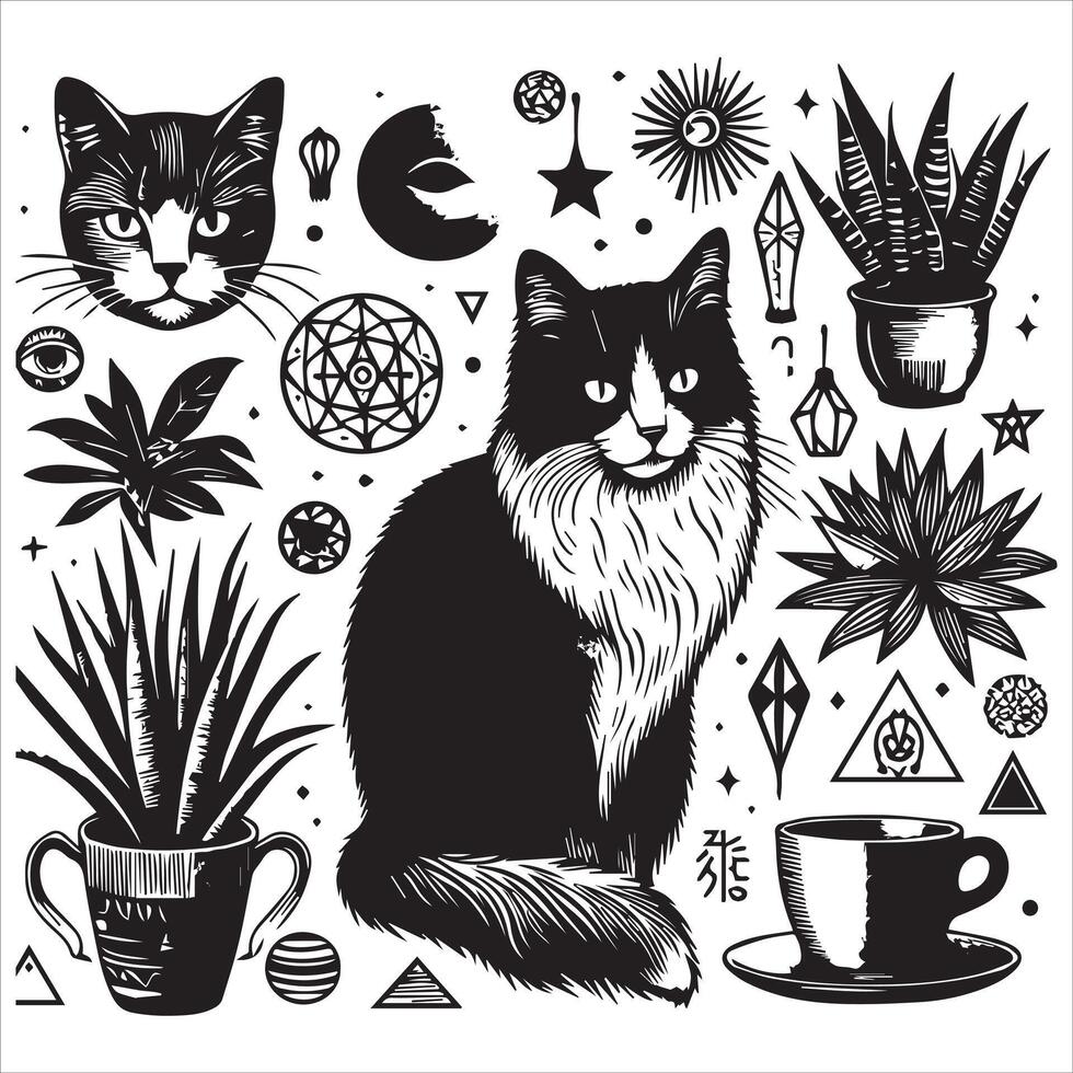 A silhouette black cat in an illustration frame with a floral design on its back silhouette design Print vector