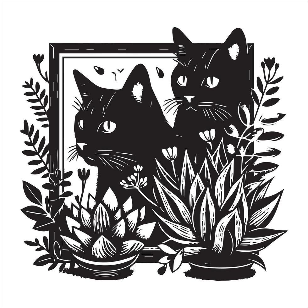 A silhouette black cat in an illustration frame with a floral design on its back silhouette design Print vector