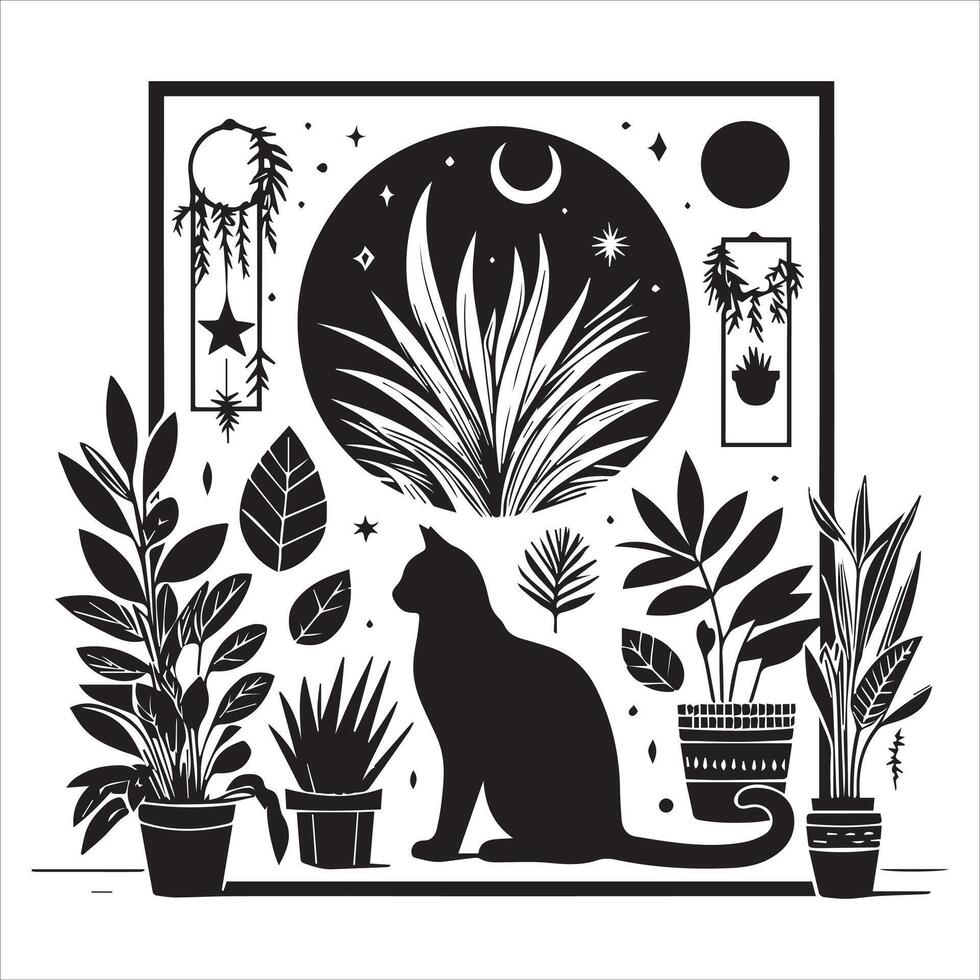 A silhouette black cat in an illustration frame with a floral design on its back silhouette design Print vector