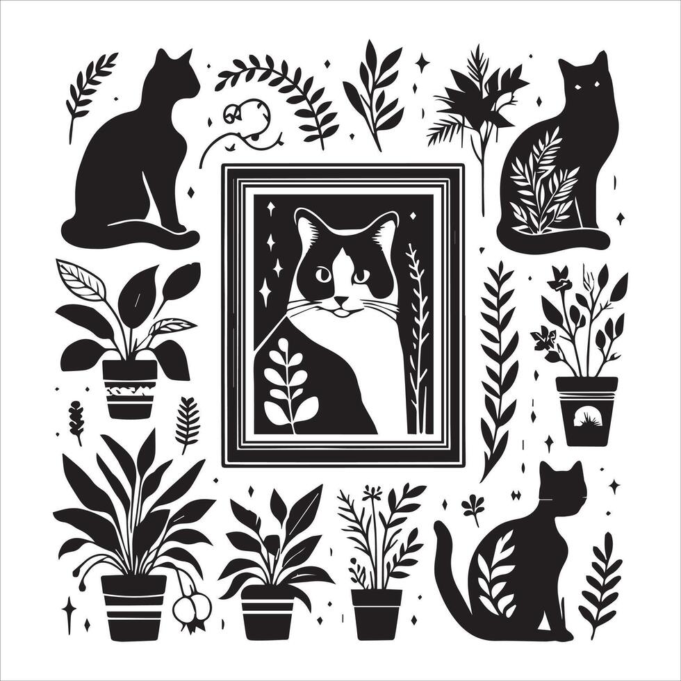 A silhouette black cat in an illustration frame with a floral design on its back silhouette design Print vector