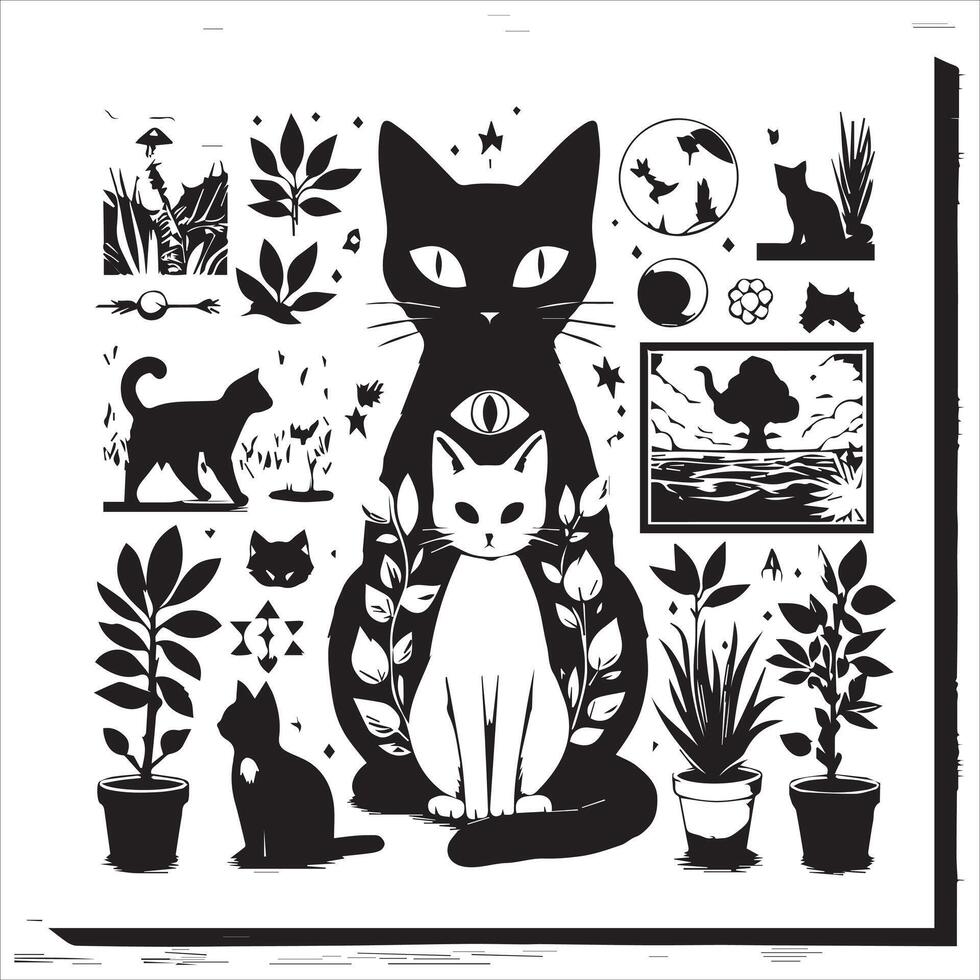 A silhouette black cat in an illustration frame with a floral design on its back silhouette design Print vector