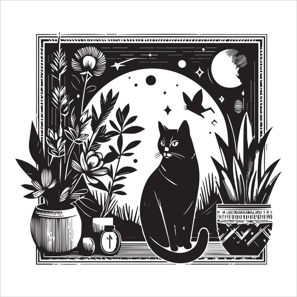 A silhouette black cat in an illustration frame with a floral design on its back silhouette design Print vector