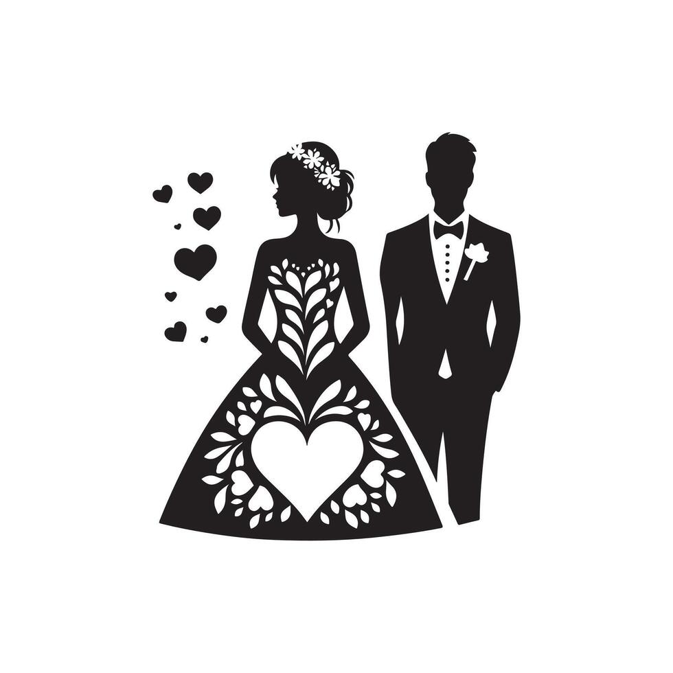 bride groom, unique floral half moon love black silhouette bride groom unique design icons bundle with withe backgrounds vector