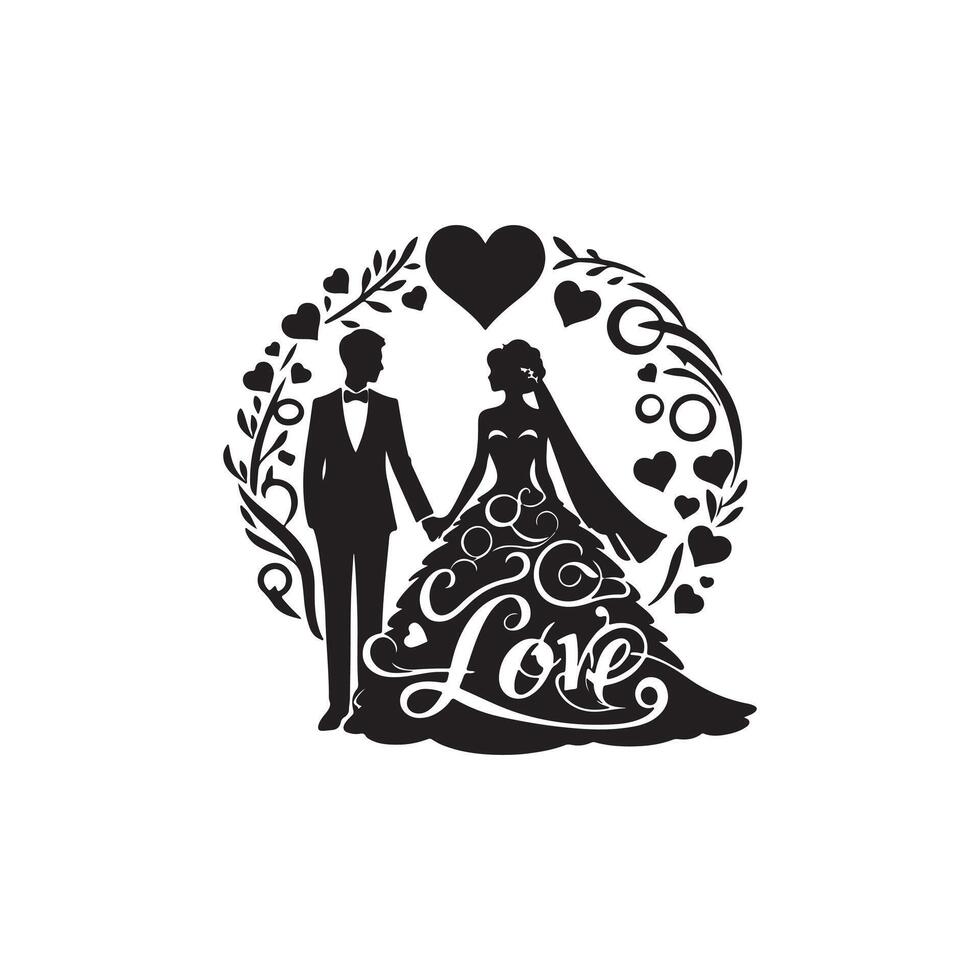 bride groom, unique floral half moon love black silhouette bride groom unique design icons bundle with withe backgrounds vector